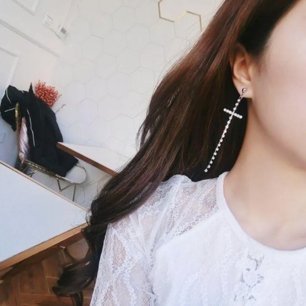 Silver Cross Long Chain Crystal Prong Link Earring